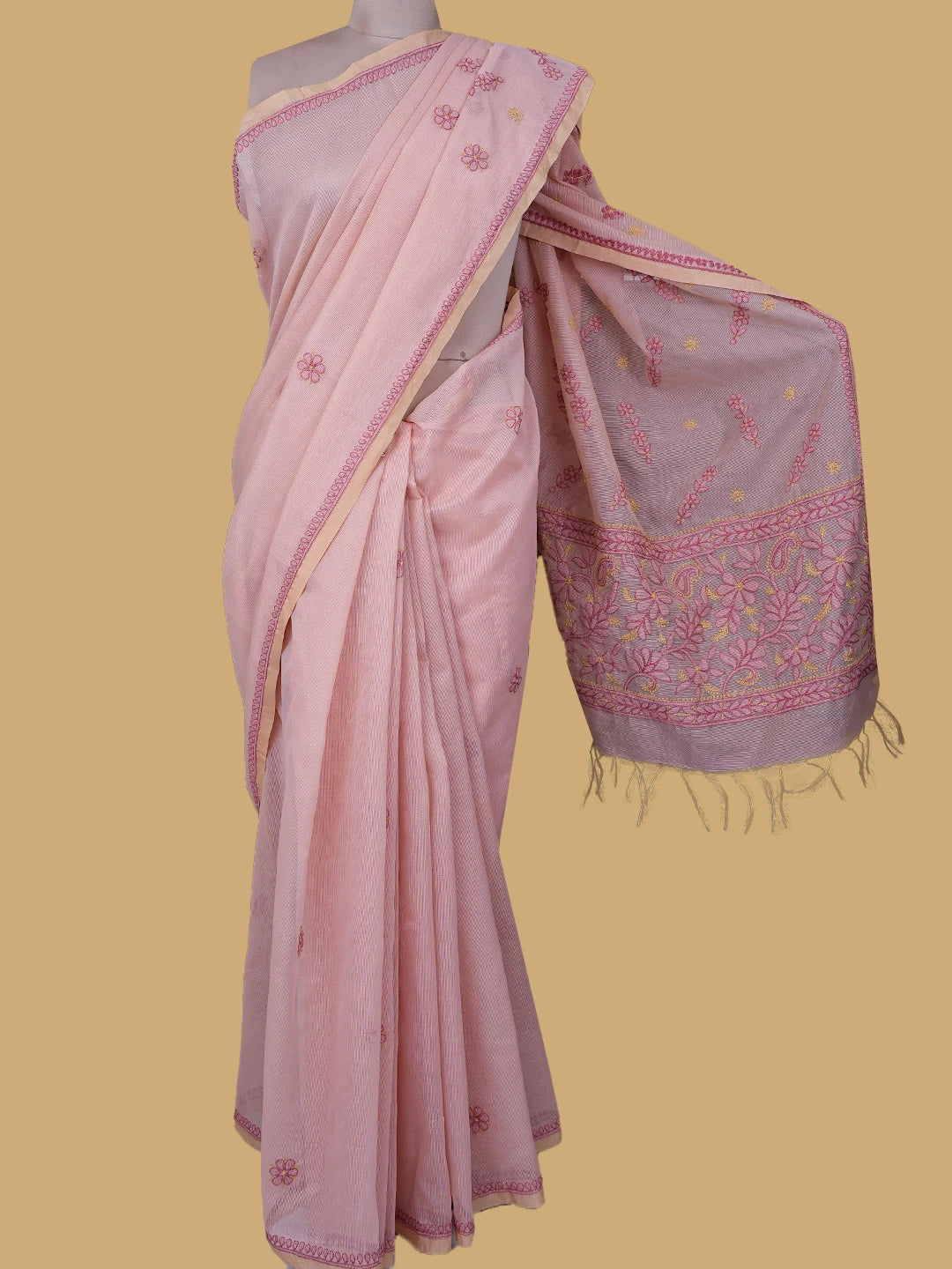 Ada Hand Embroidered Dusty Peach Super Net Lucknowi Chikankari Saree and Blouse 01A814531