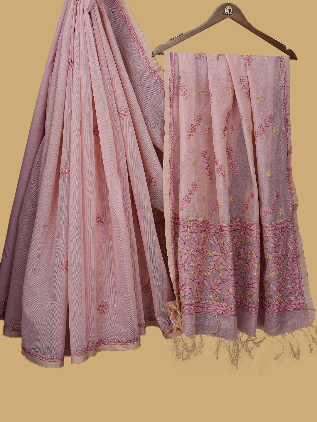 Ada Hand Embroidered Dusty Peach Super Net Lucknowi Chikankari Saree and Blouse 01A814531