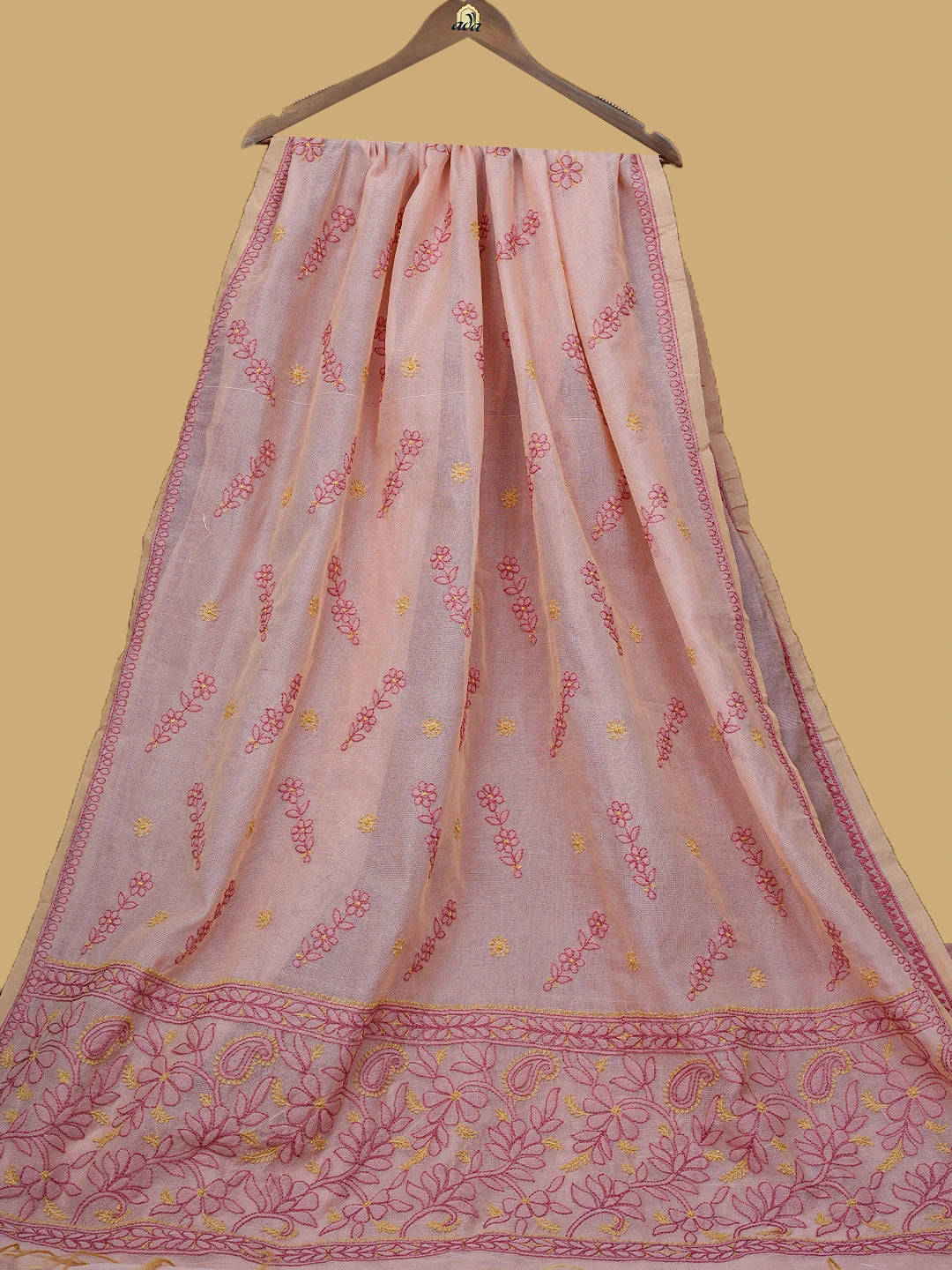 Ada Hand Embroidered Dusty Peach Super Net Lucknowi Chikankari Saree and Blouse 01A814531