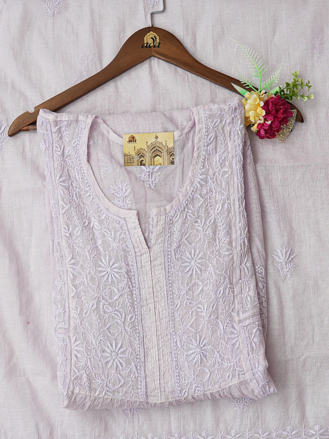 Ada Hand Embroidered Lavender Chanderi Lucknowi Chikankari Semi-Stitched Kurta Dupatta Set 01A780406