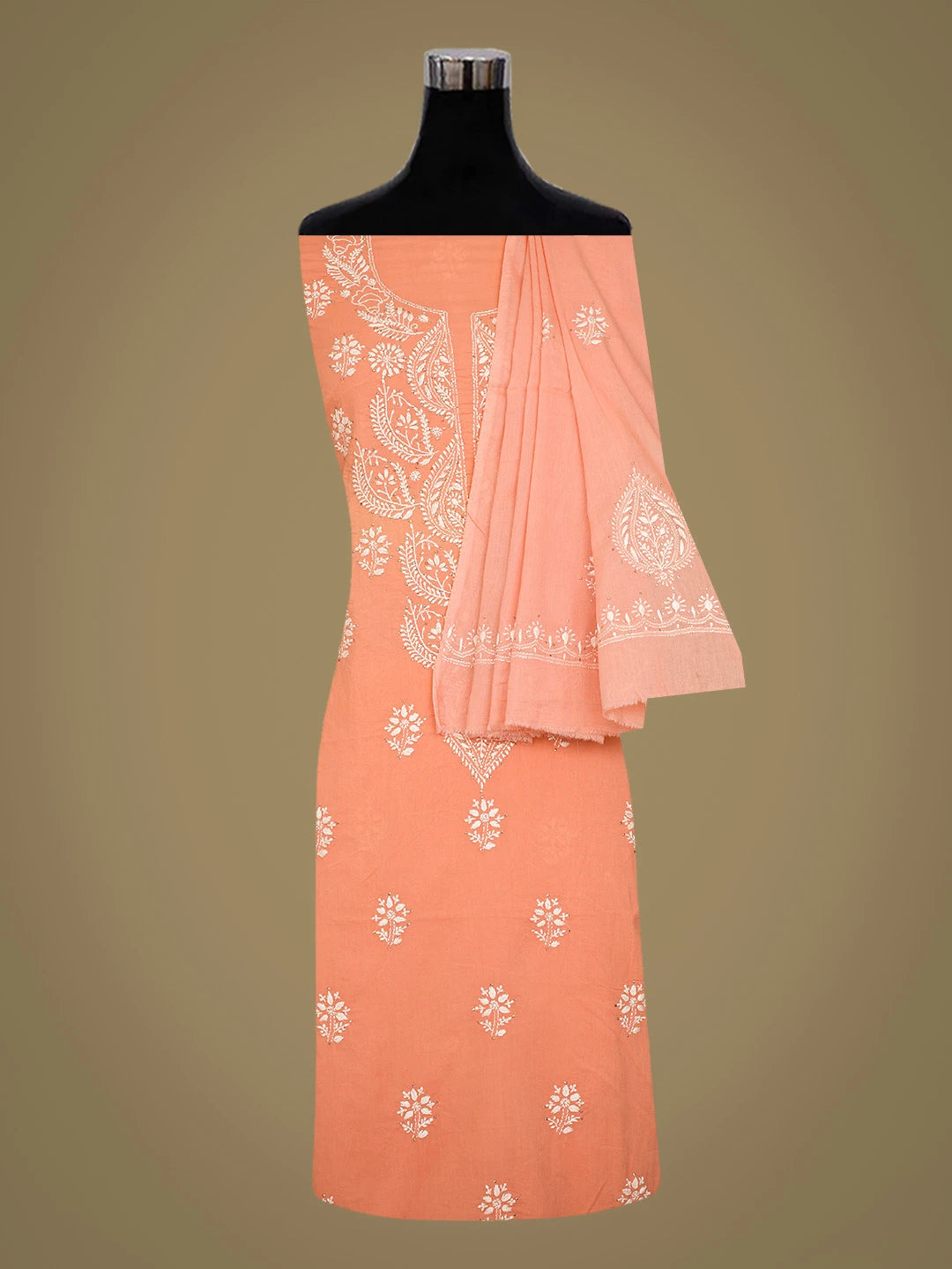 Ada Hand Embroidered Peach Cotton Lucknowi Chikankari Unstitched Kurta Dupatta Set With Muqaish Work 01A760118