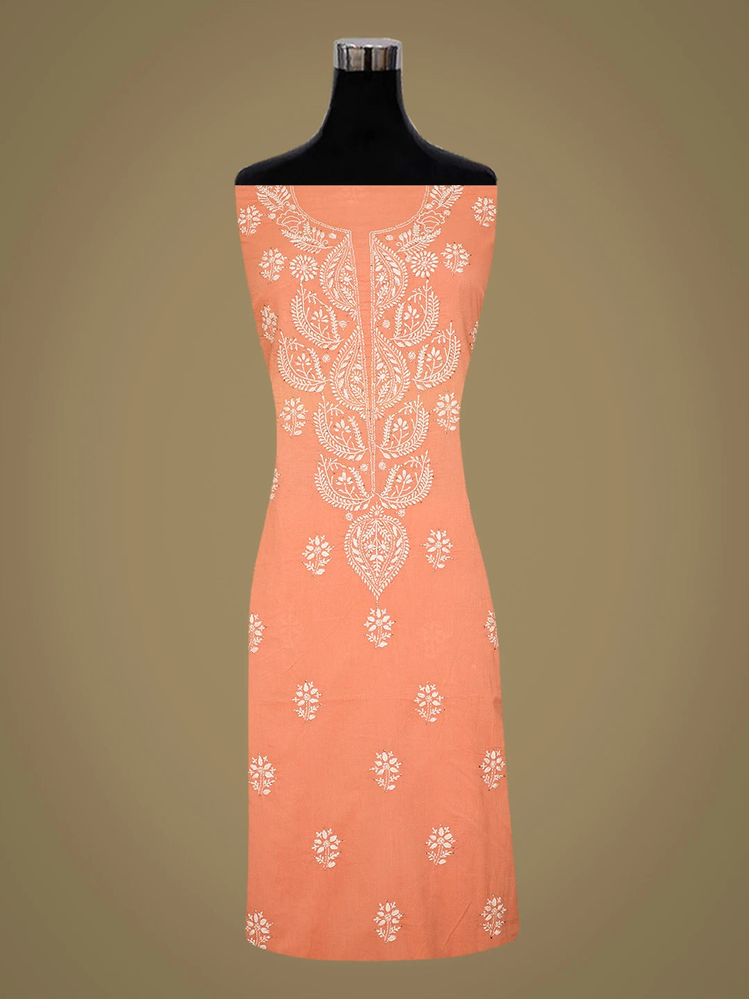 Ada Hand Embroidered Peach Cotton Lucknowi Chikankari Unstitched Kurta Dupatta Set With Muqaish Work 01A760118