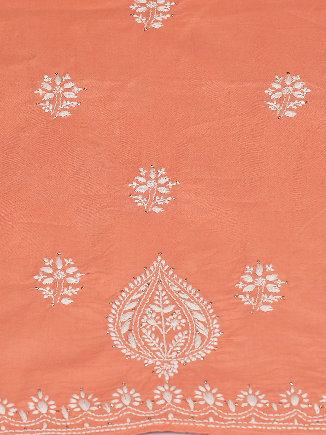 Ada Hand Embroidered Peach Cotton Lucknowi Chikankari Unstitched Kurta Dupatta Set With Muqaish Work 01A760118