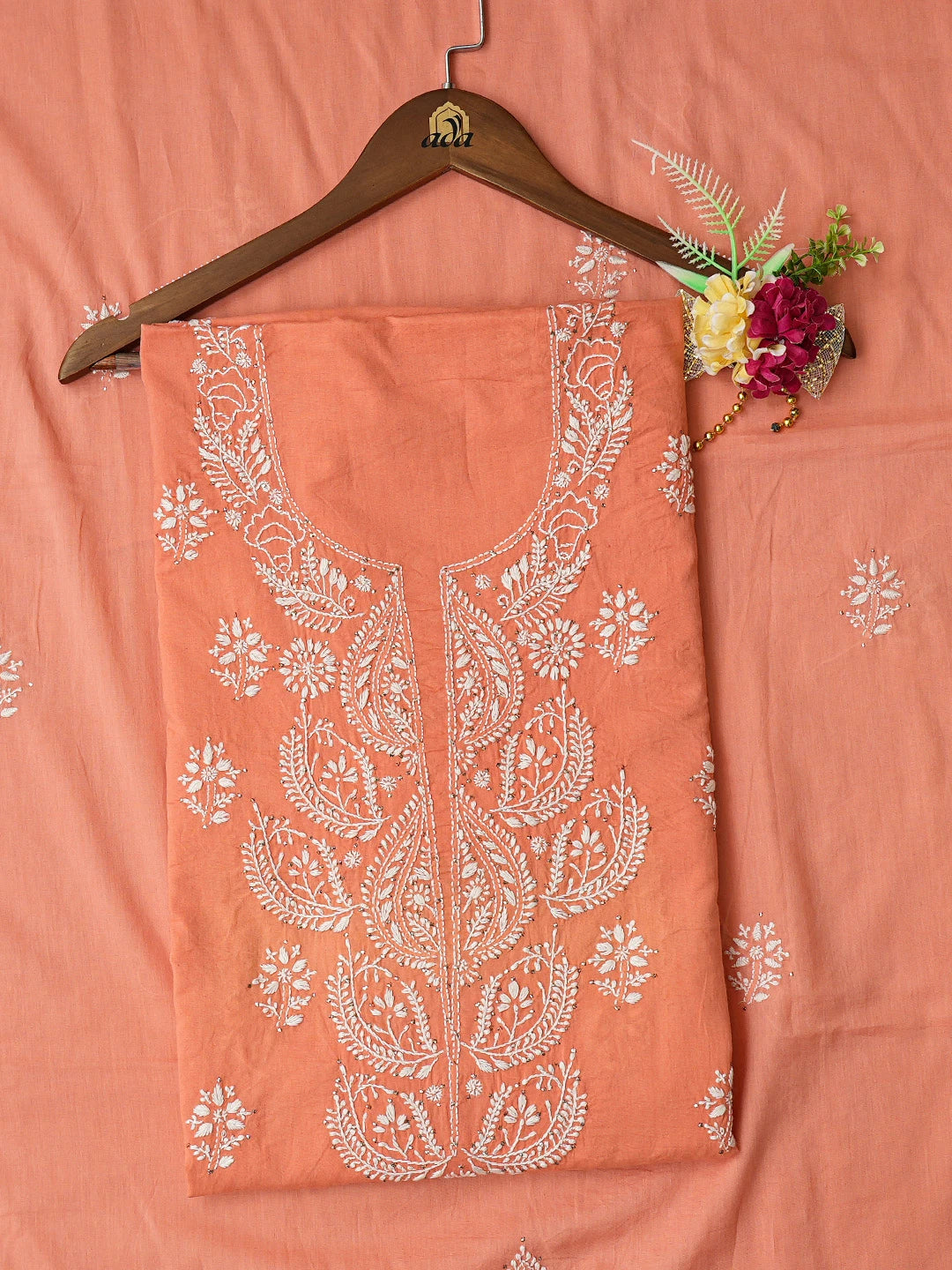 Ada Hand Embroidered Peach Cotton Lucknowi Chikankari Unstitched Kurta Dupatta Set With Muqaish Work 01A760118