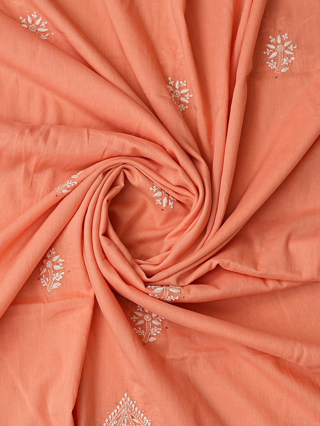 Ada Hand Embroidered Peach Cotton Lucknowi Chikankari Unstitched Kurta Dupatta Set With Muqaish Work 01A760118