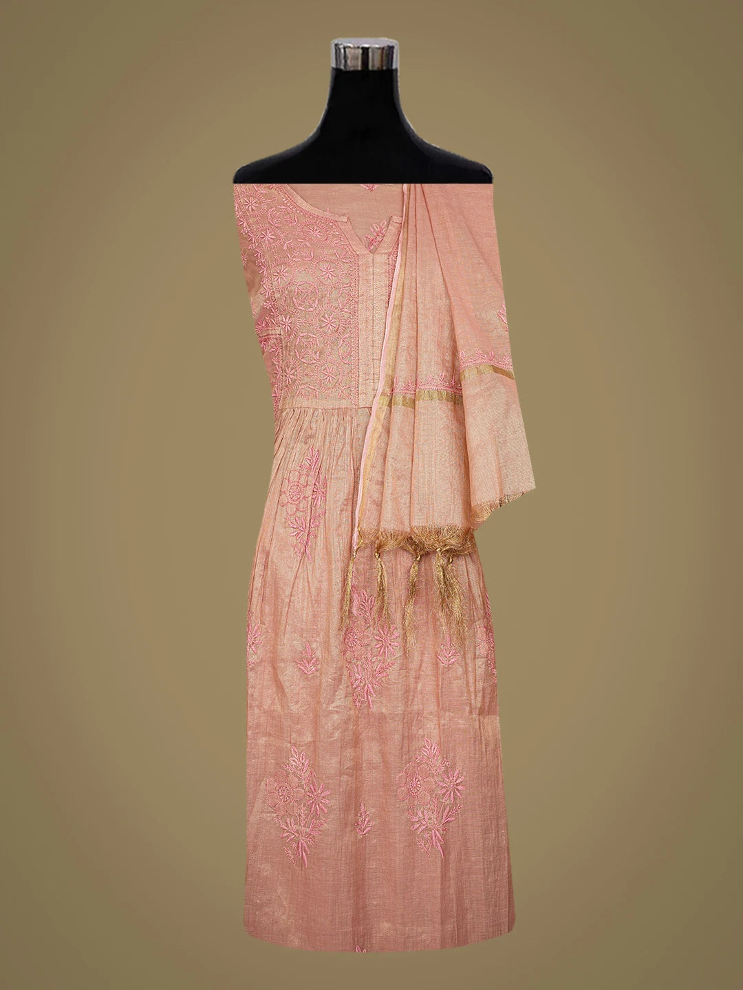 Ada Hand Embroidered Dusty Peach Tissue Lucknowi Chikankari Semi-Stitched Kurta Dupatta Set 01A762348