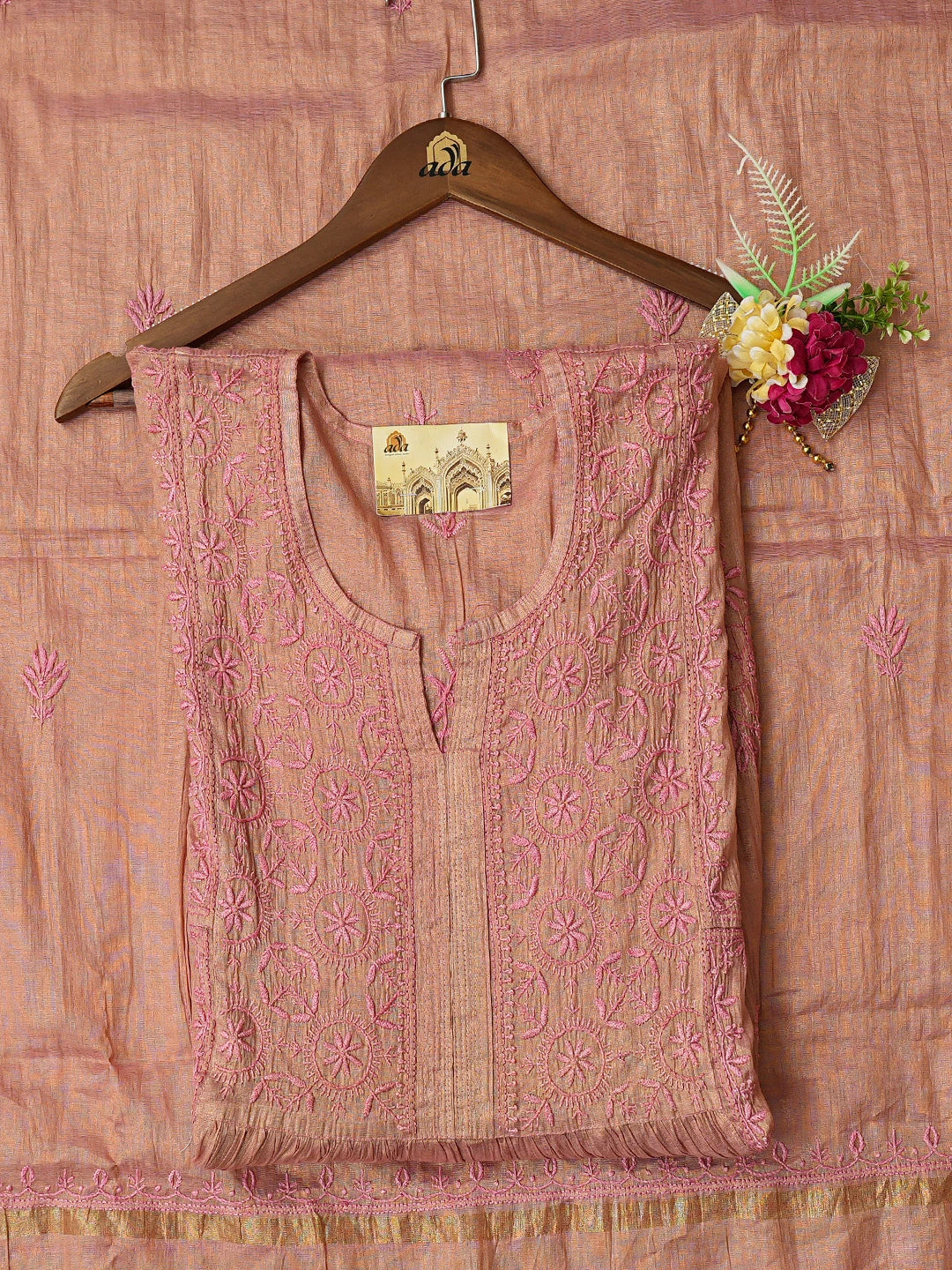 Ada Hand Embroidered Dusty Peach Tissue Lucknowi Chikankari Semi-Stitched Kurta Dupatta Set 01A762348