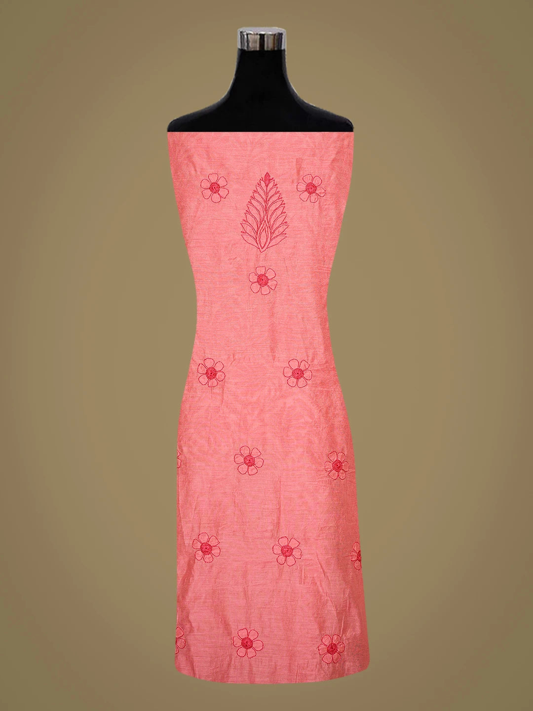 Ada Hand Embroidered Carrot Pink Chanderi Lucknowi Chikankari Unstitched Kurta Dupatta Set 01A798340