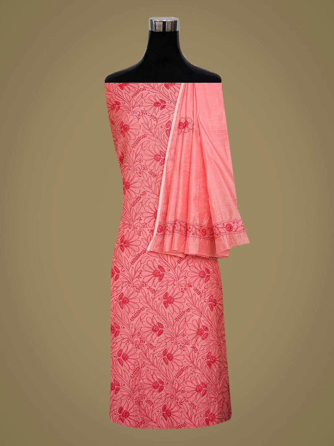 Ada Hand Embroidered Carrot Pink Chanderi Lucknowi Chikankari Unstitched Kurta Dupatta Set 01A798340