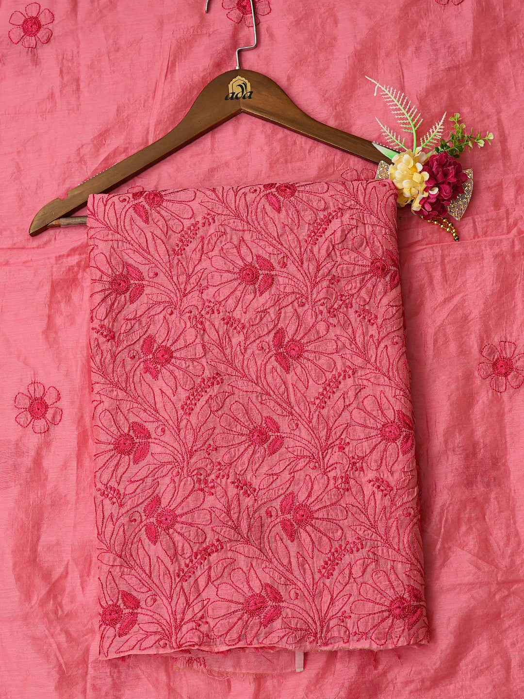 Ada Hand Embroidered Carrot Pink Chanderi Lucknowi Chikankari Unstitched Kurta Dupatta Set 01A798340