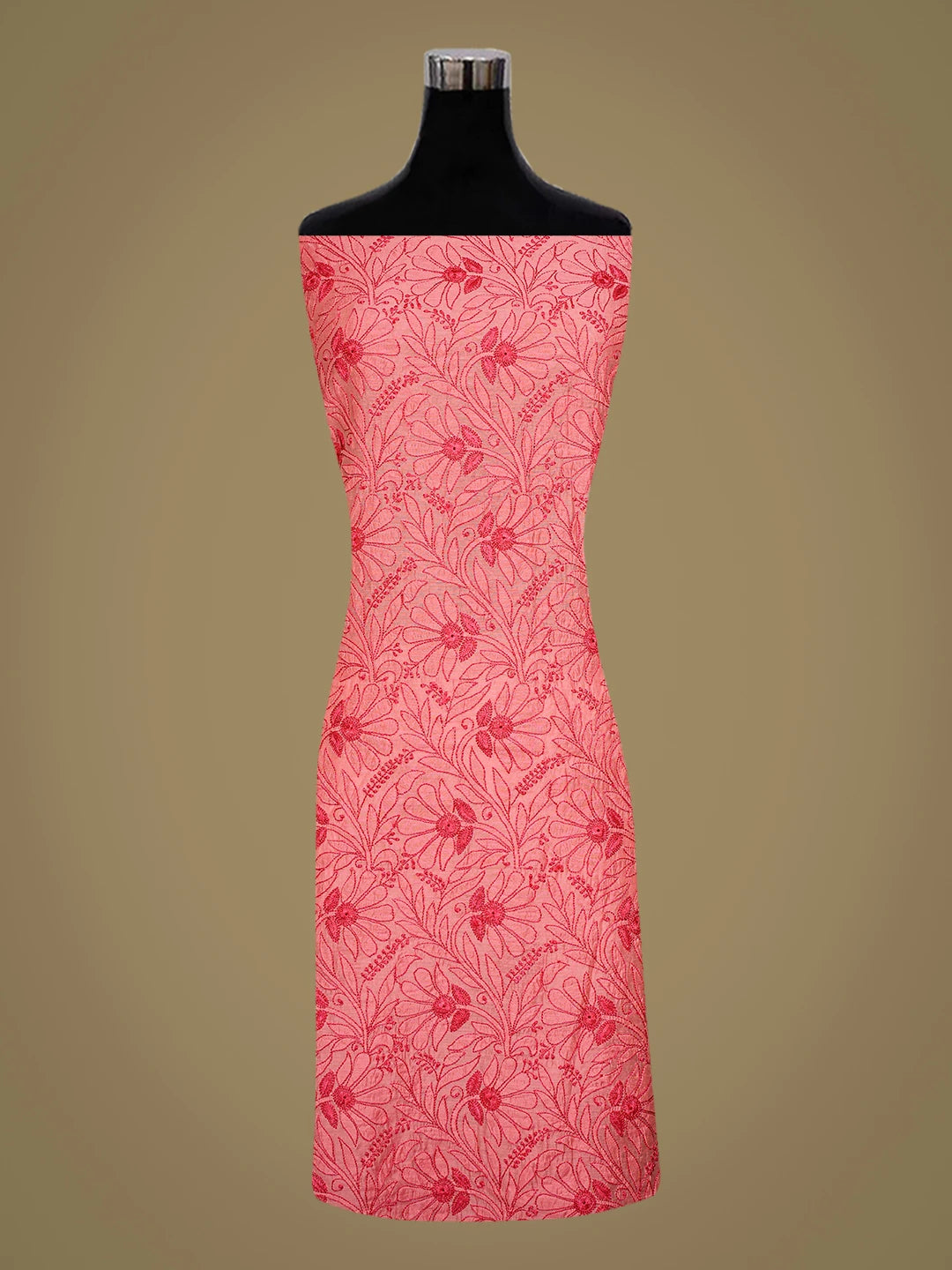 Ada Hand Embroidered Carrot Pink Chanderi Lucknowi Chikankari Unstitched Kurta Dupatta Set 01A798340