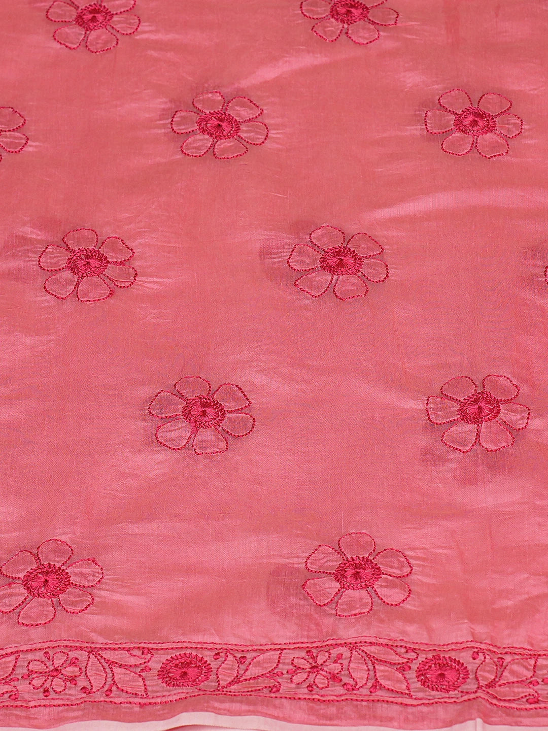 Ada Hand Embroidered Carrot Pink Chanderi Lucknowi Chikankari Unstitched Kurta Dupatta Set 01A798340