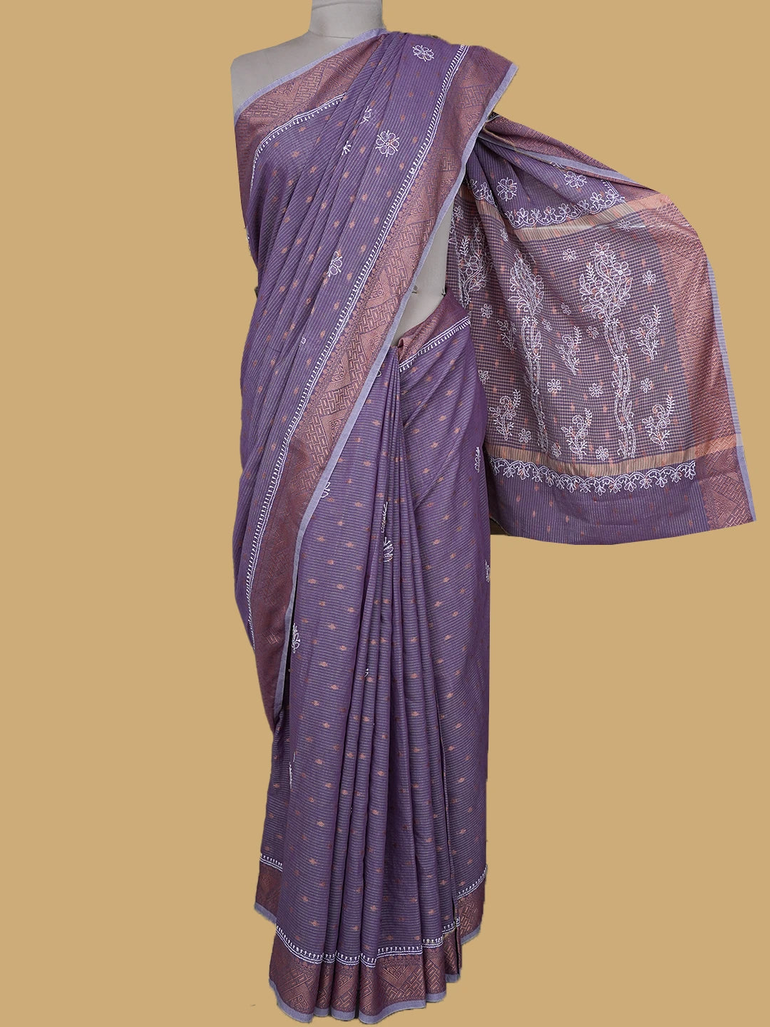 Ada Hand Embroidered Purple Chanderi Lucknowi Chikankari Saree and Blouse 01A776501