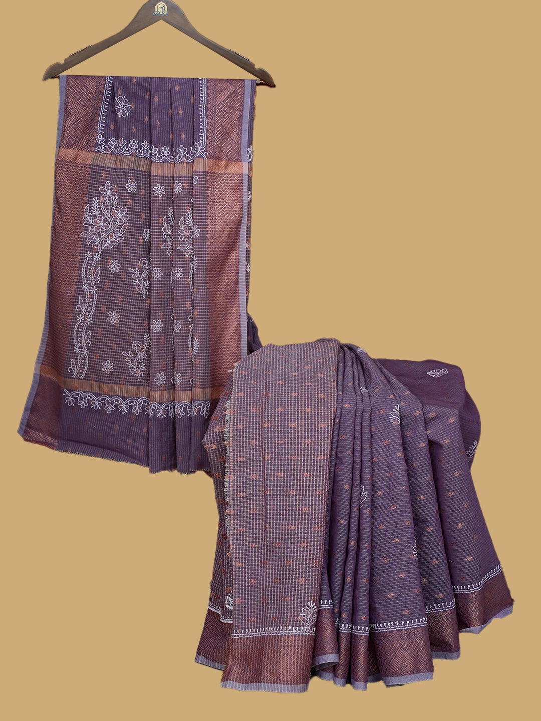 Ada Hand Embroidered Purple Chanderi Lucknowi Chikankari Saree and Blouse 01A776501