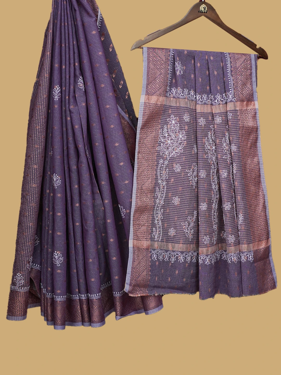 Ada Hand Embroidered Purple Chanderi Lucknowi Chikankari Saree and Blouse 01A776501