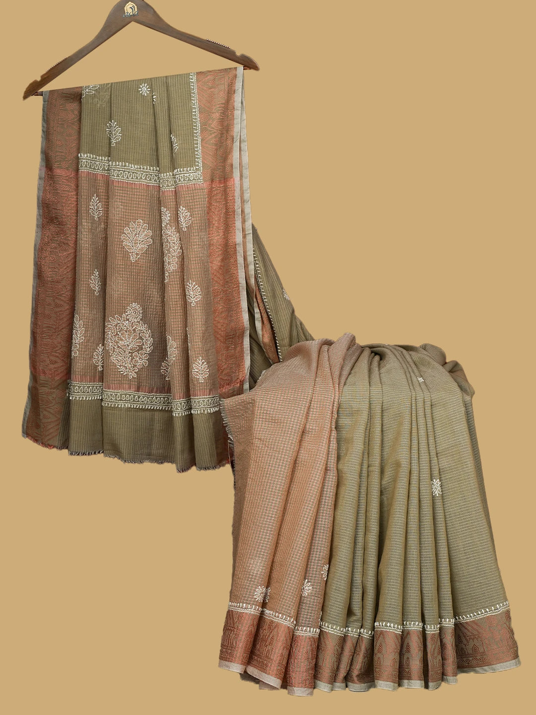 Ada Hand Embroidered Fawn Chanderi Lucknowi Chikankari Saree and Blouse 01A777239