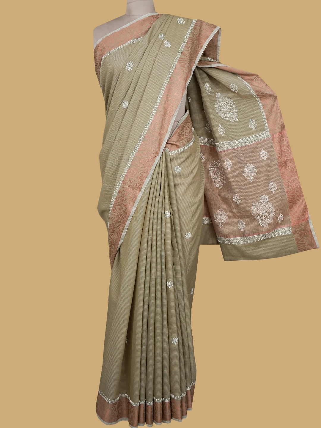Ada Hand Embroidered Fawn Chanderi Lucknowi Chikankari Saree and Blouse 01A777239