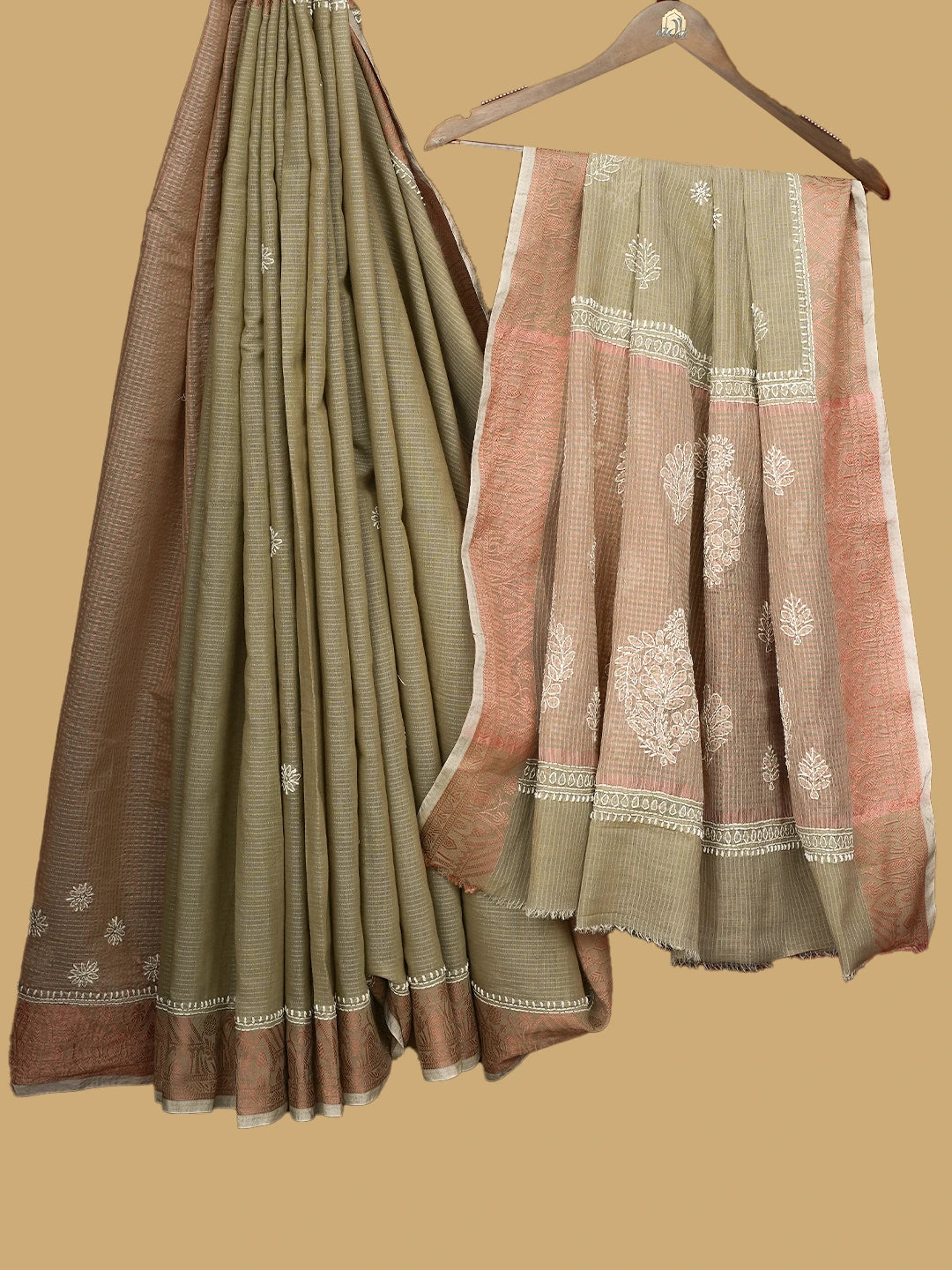 Ada Hand Embroidered Fawn Chanderi Lucknowi Chikankari Saree and Blouse 01A777239