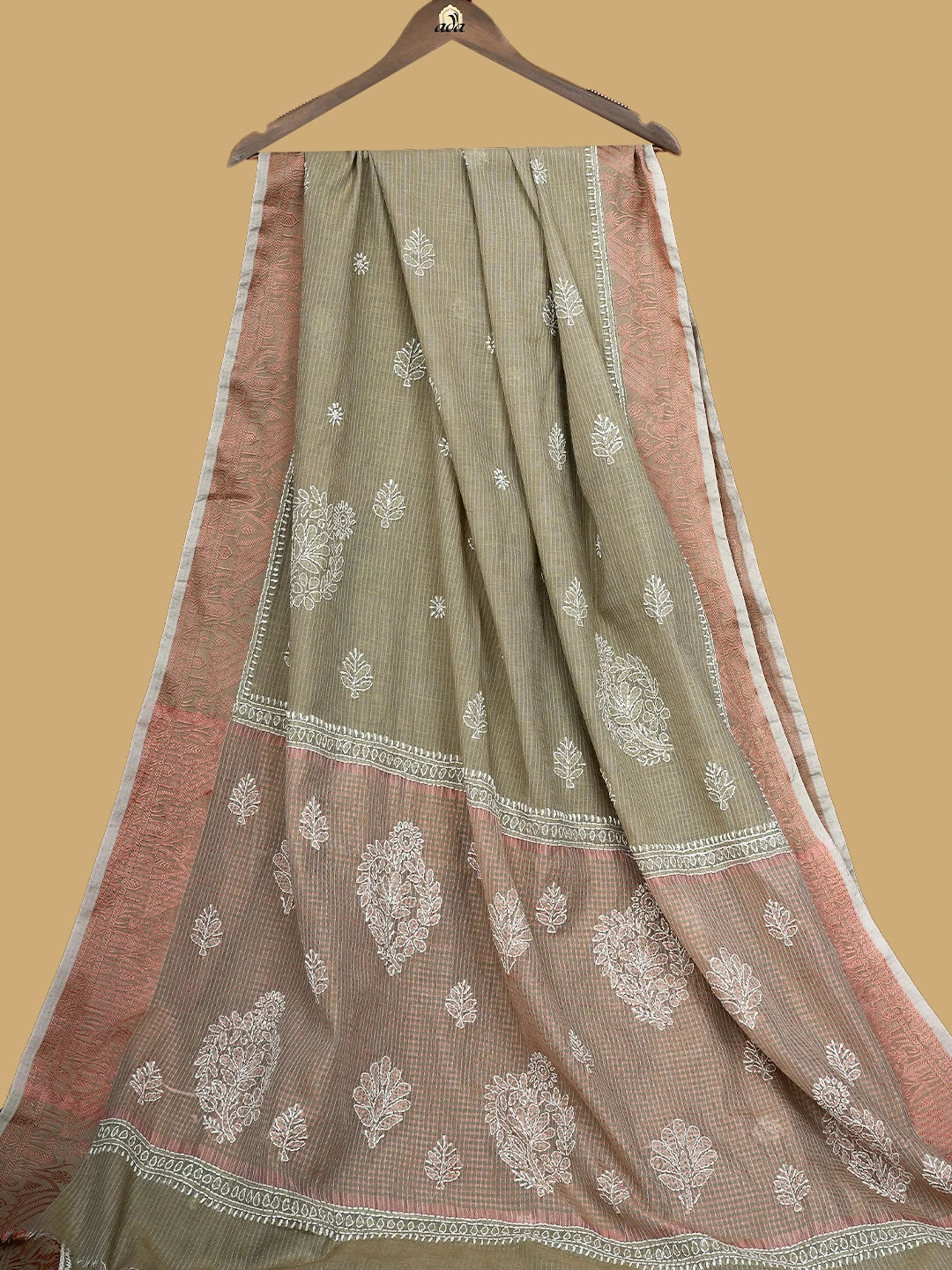 Ada Hand Embroidered Fawn Chanderi Lucknowi Chikankari Saree and Blouse 01A777239