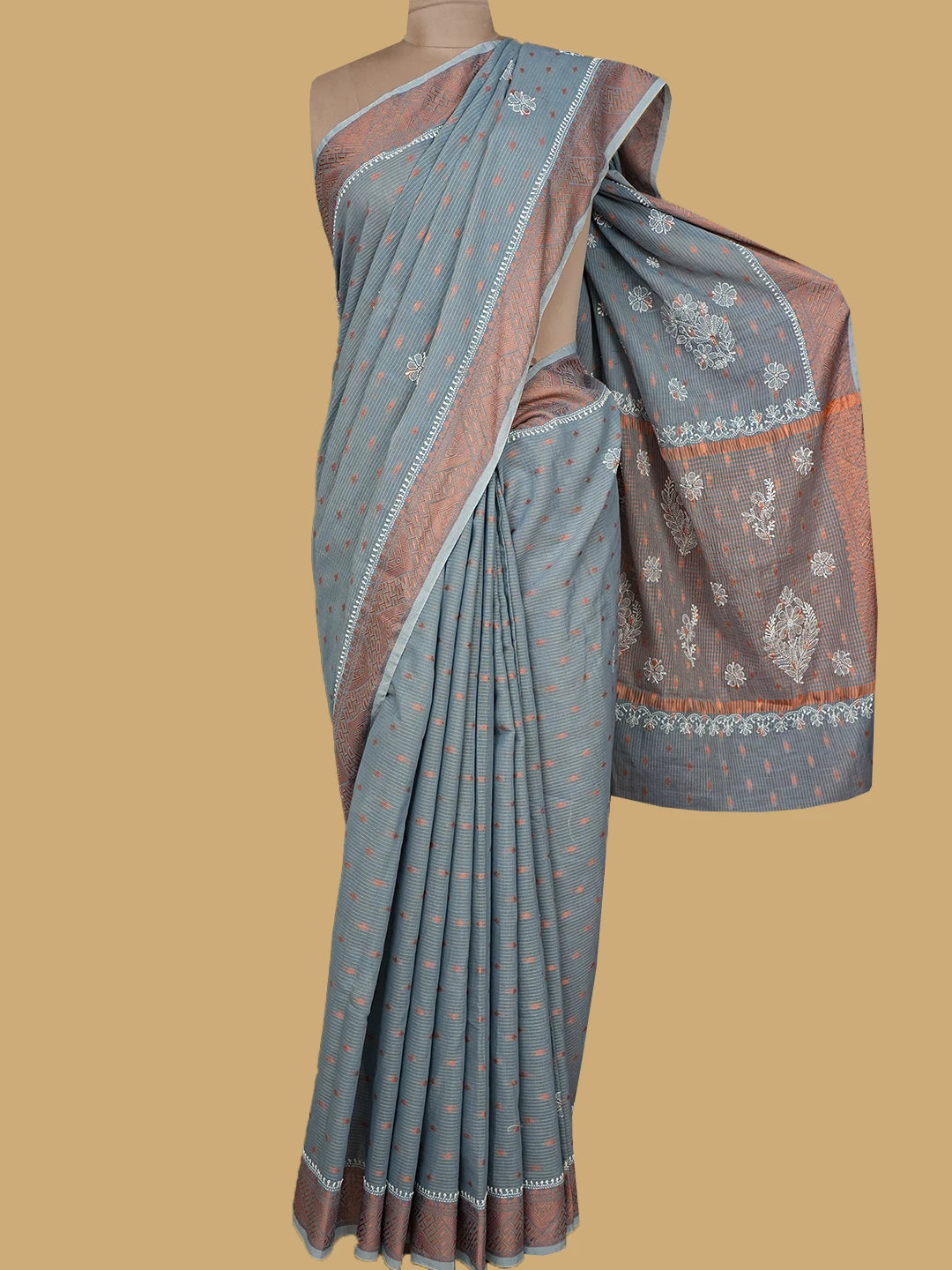 Ada Hand Embroidered Grey Chanderi Lucknowi Chikankari Saree and Blouse 01A776321