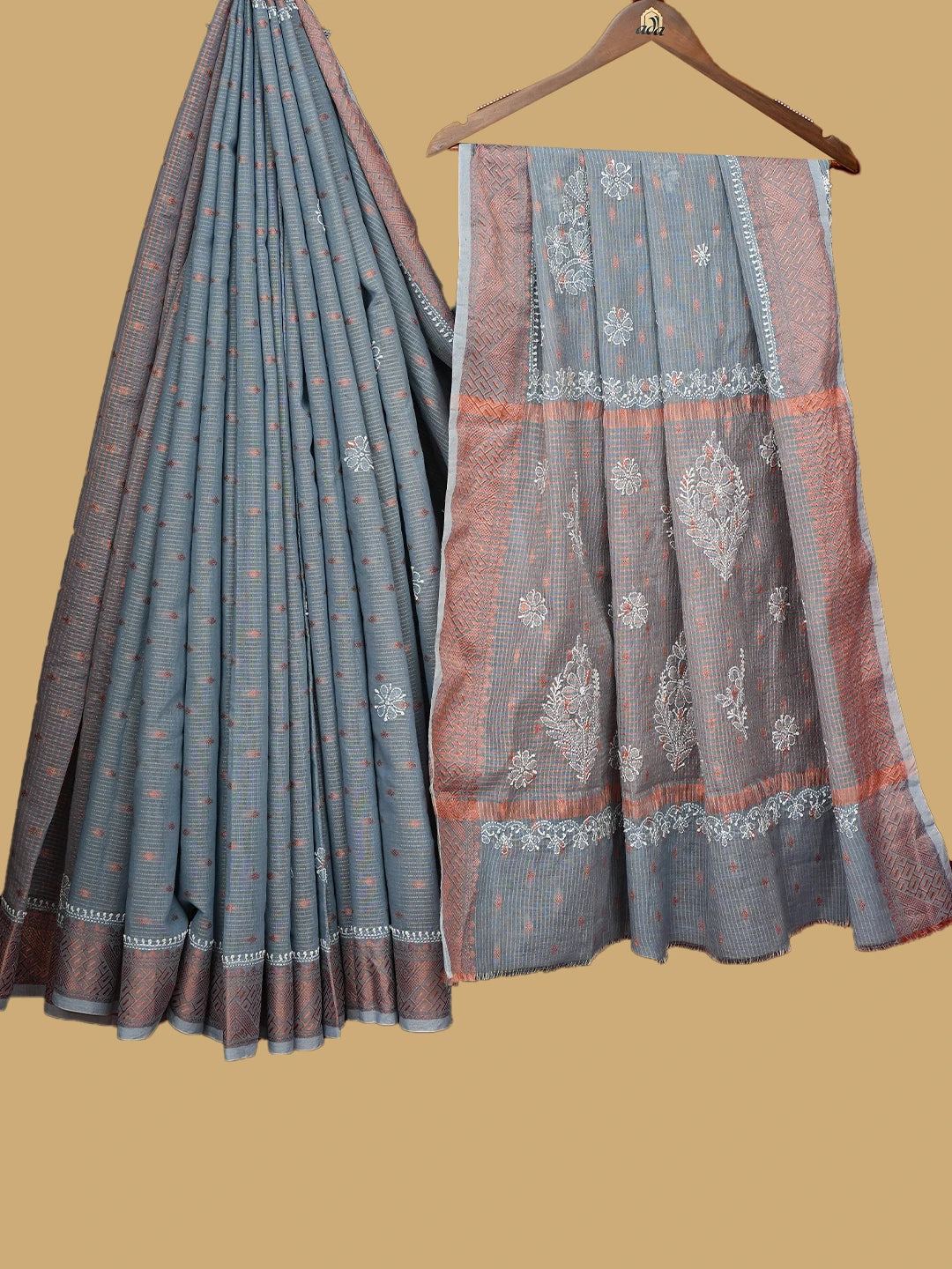 Ada Hand Embroidered Grey Chanderi Lucknowi Chikankari Saree and Blouse 01A776321