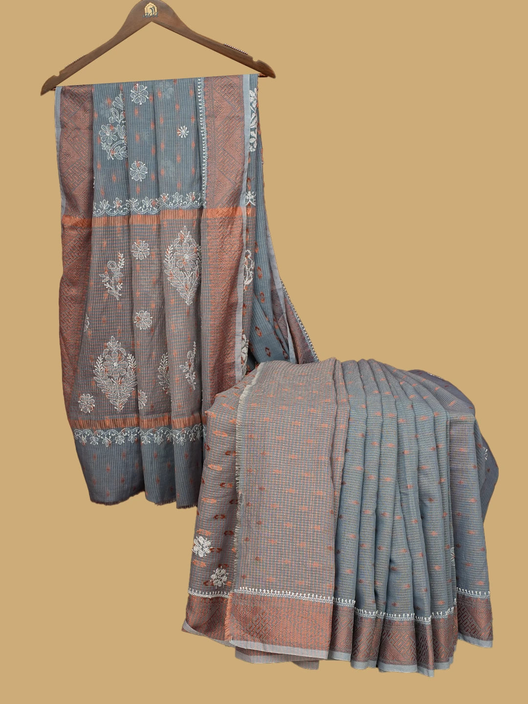 Ada Hand Embroidered Grey Chanderi Lucknowi Chikankari Saree and Blouse 01A776321