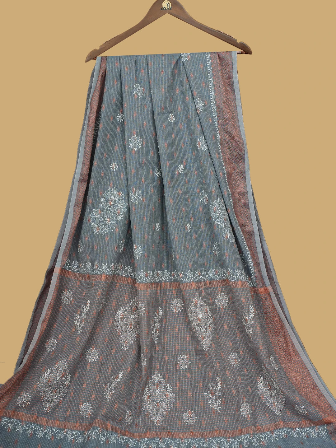 Ada Hand Embroidered Grey Chanderi Lucknowi Chikankari Saree and Blouse 01A776321