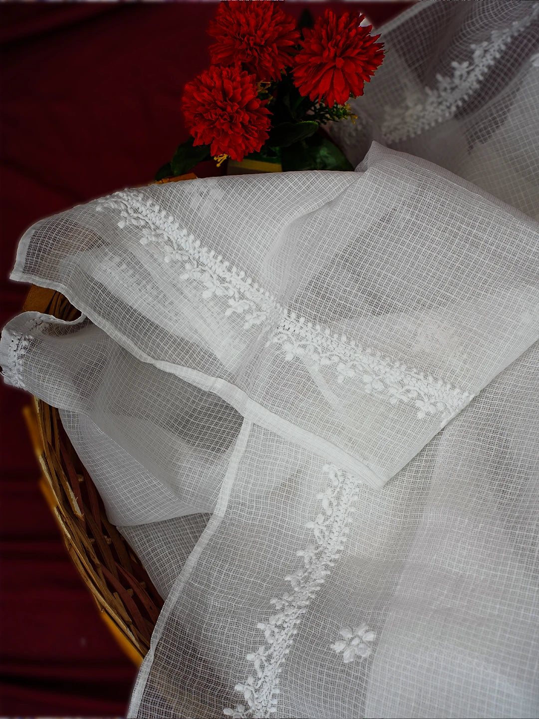 Ada Hand Embroidered White Kota Lucknowi Chikankari Dupatta A511111