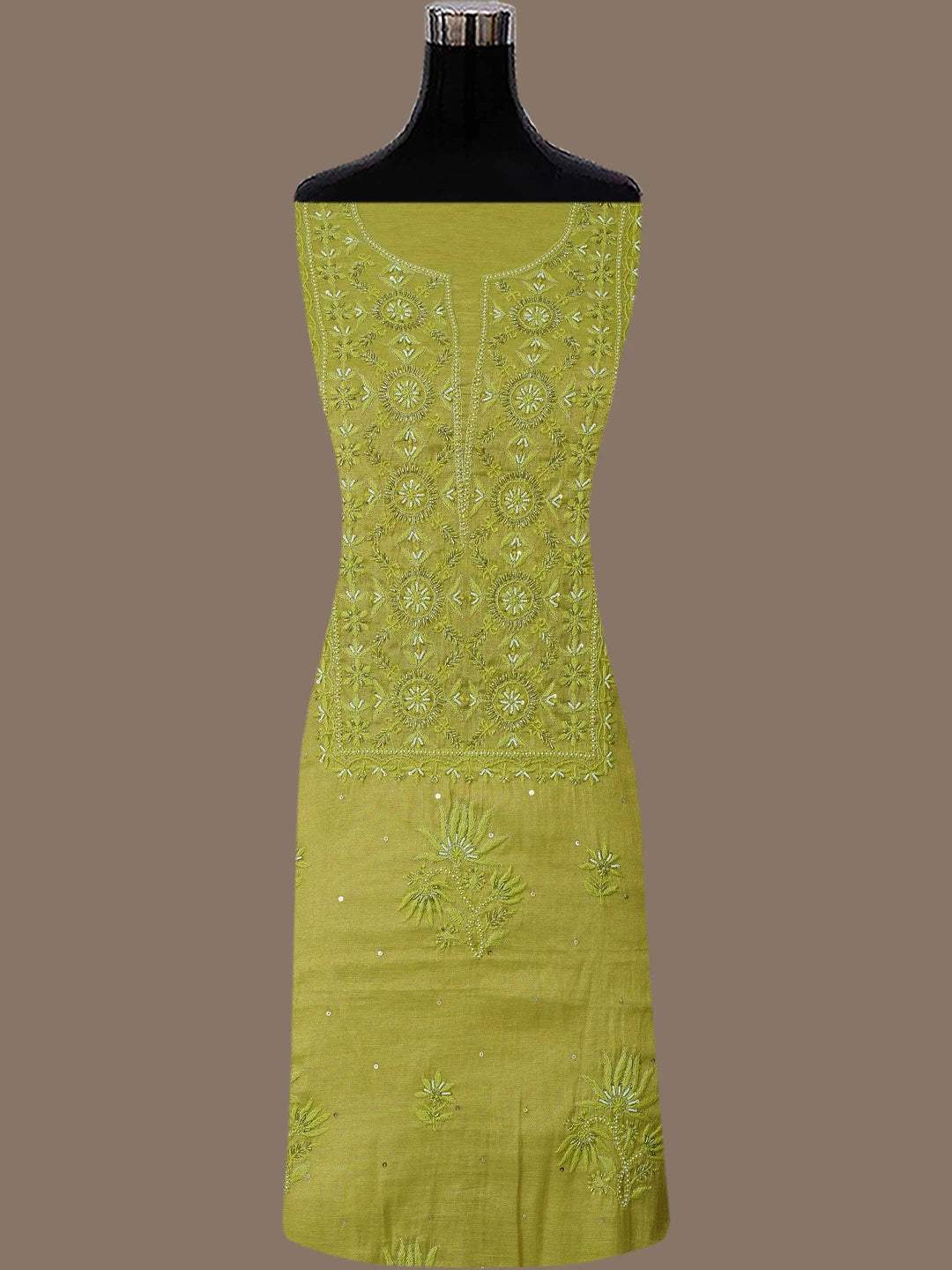 Ada Hand Embroidered Mehandi Green Tissue Lucknowi Chikankari Unstitched Kurta Dupatta Set With Cutdana Work 01A773139