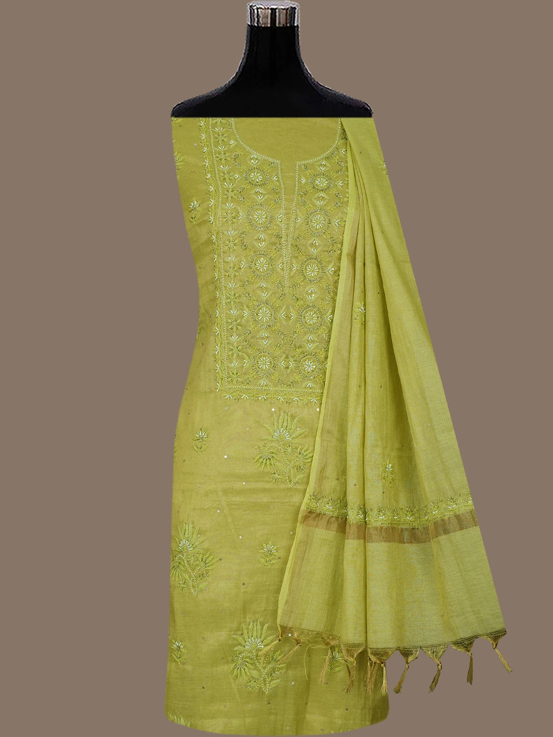 Ada Hand Embroidered Mehandi Green Tissue Lucknowi Chikankari Unstitched Kurta Dupatta Set With Cutdana Work 01A773139