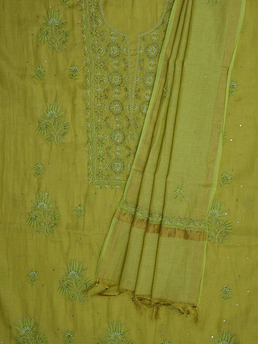 Ada Hand Embroidered Mehandi Green Tissue Lucknowi Chikankari Unstitched Kurta Dupatta Set With Cutdana Work 01A773139
