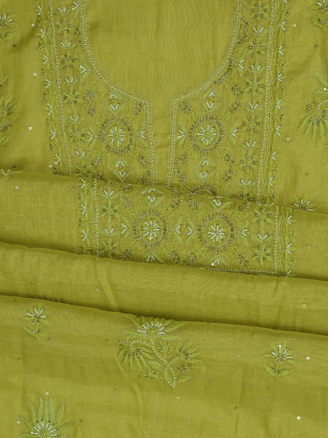 Ada Hand Embroidered Mehandi Green Tissue Lucknowi Chikankari Unstitched Kurta Dupatta Set With Cutdana Work 01A773139