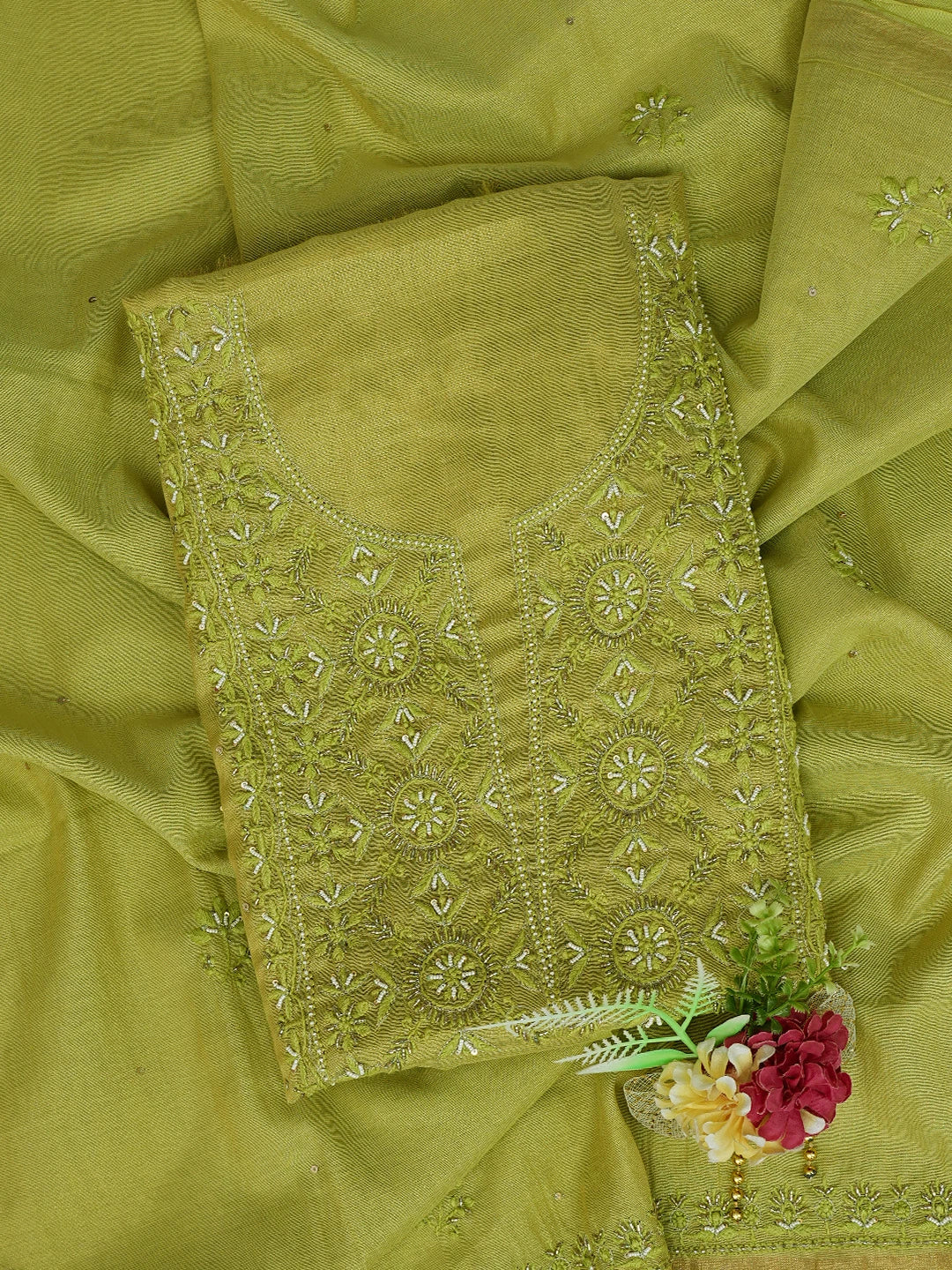 Ada Hand Embroidered Mehandi Green Tissue Lucknowi Chikankari Unstitched Kurta Dupatta Set With Cutdana Work 01A773139