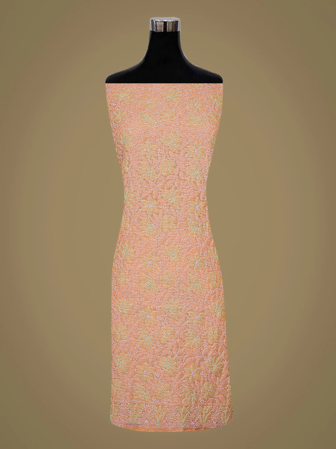Ada Hand Embroidered Orange Chanderi Lucknowi Chikankari Unstitched Kurta Dupatta Set 01A647146