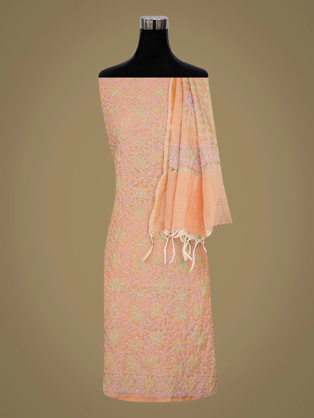 Ada Hand Embroidered Orange Chanderi Lucknowi Chikankari Unstitched Kurta Dupatta Set 01A647146