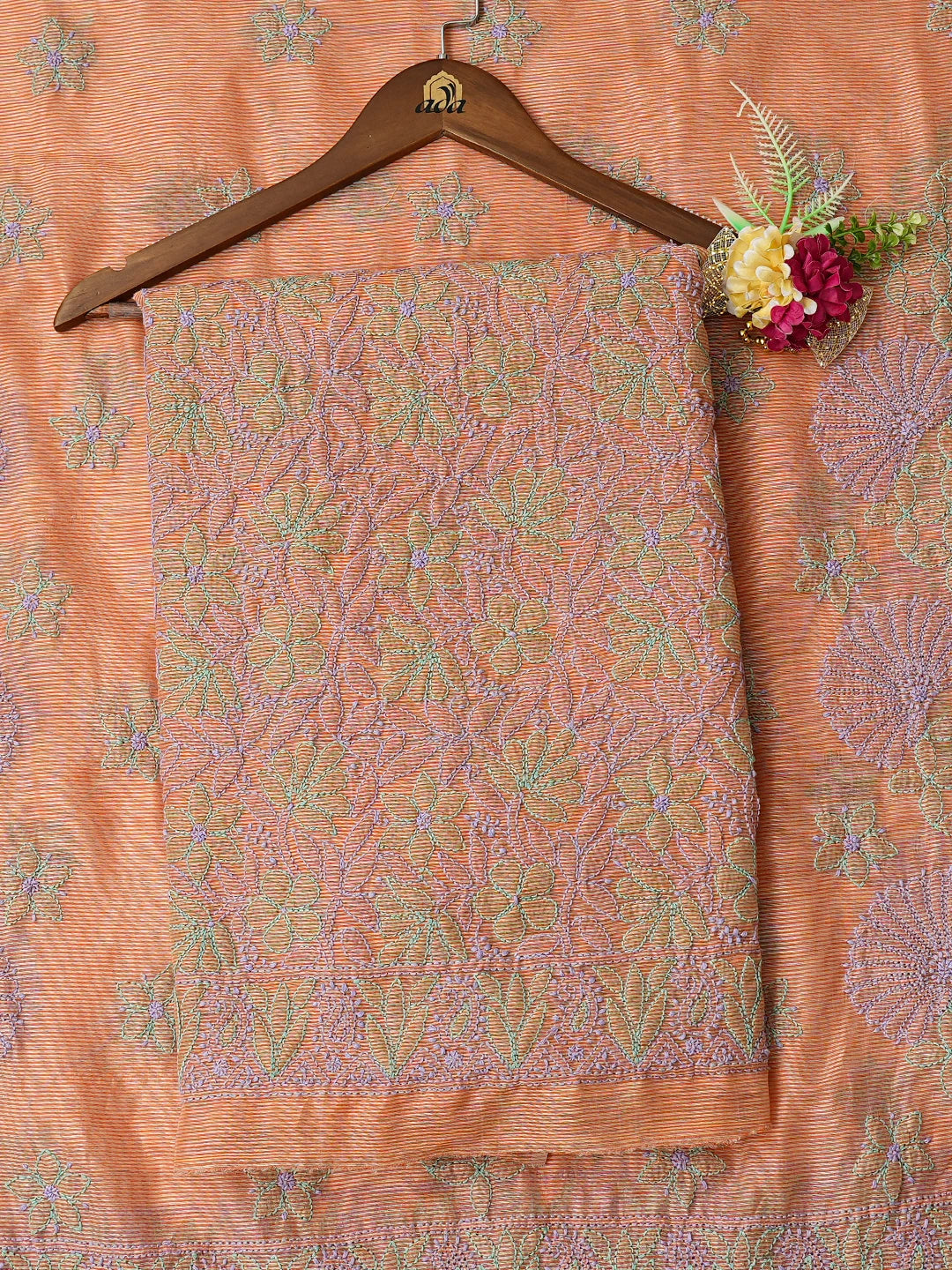 Ada Hand Embroidered Orange Chanderi Lucknowi Chikankari Unstitched Kurta Dupatta Set 01A647146