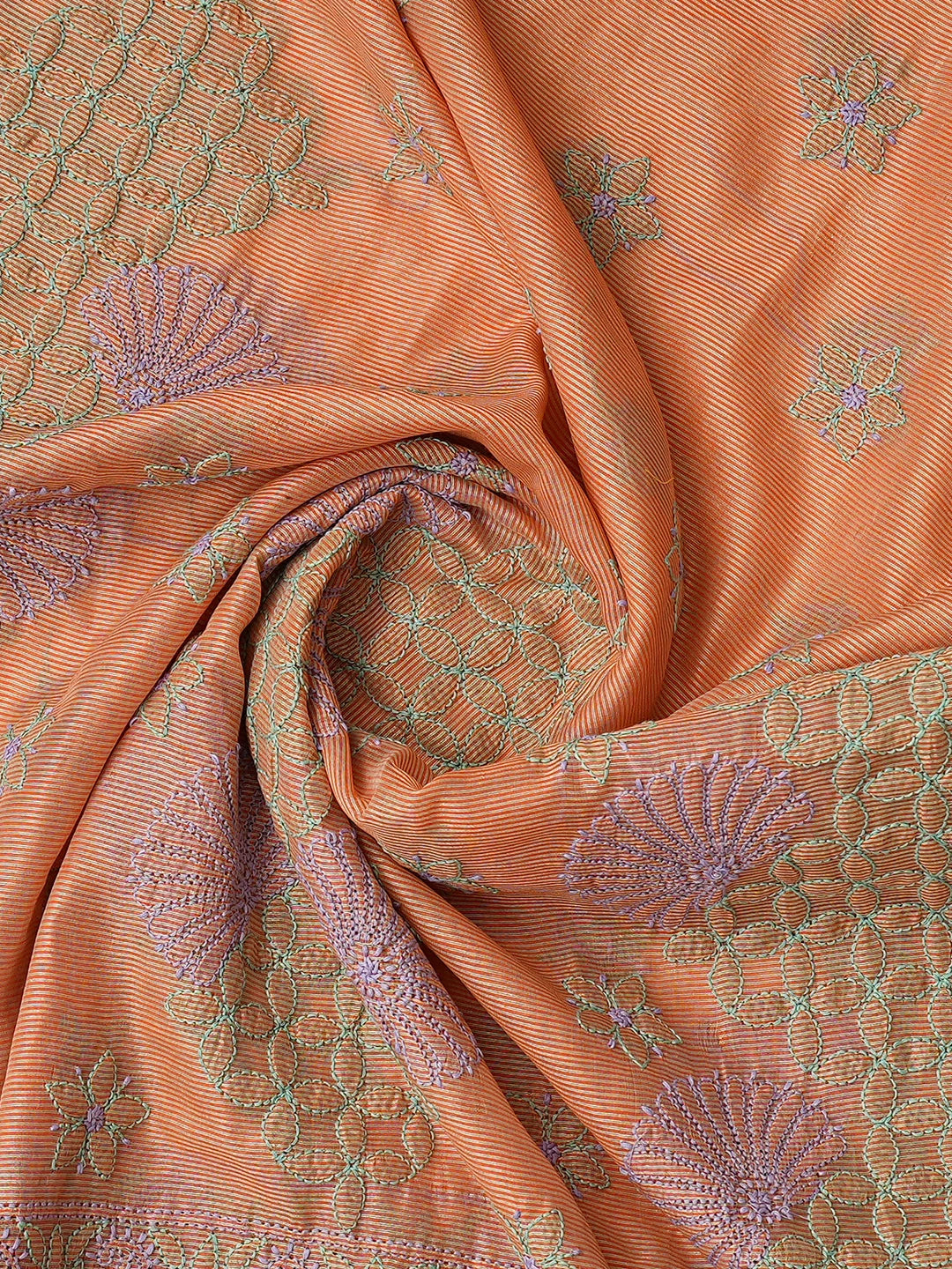 Ada Hand Embroidered Orange Chanderi Lucknowi Chikankari Unstitched Kurta Dupatta Set 01A647146