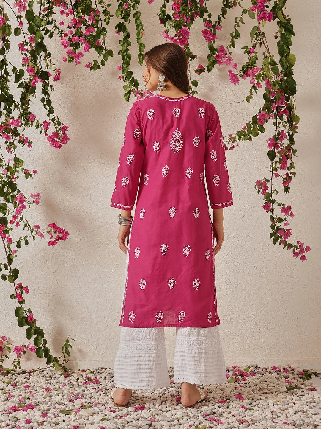 Ada Hand Embroidered Magenta Cotton Lucknowi Chikankari Straight Kurta A411775