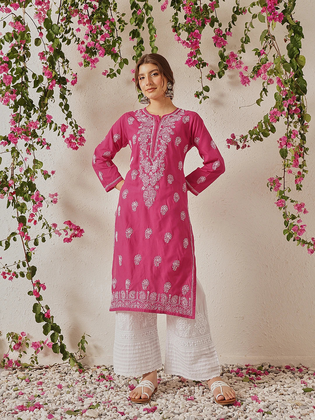 Ada Hand Embroidered Magenta Cotton Lucknowi Chikankari Straight Kurta A411775