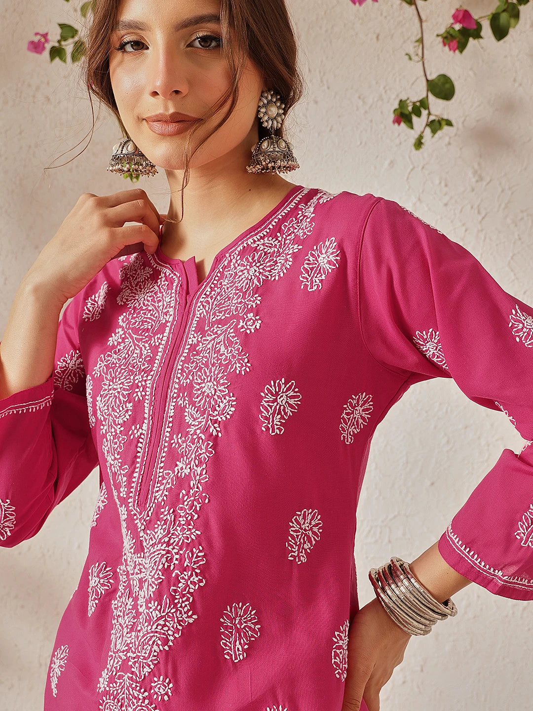Ada Hand Embroidered Magenta Cotton Lucknowi Chikankari Straight Kurta A411775