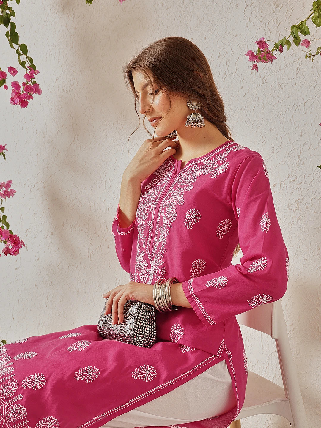 Ada Hand Embroidered Magenta Cotton Lucknowi Chikankari Straight Kurta A411775