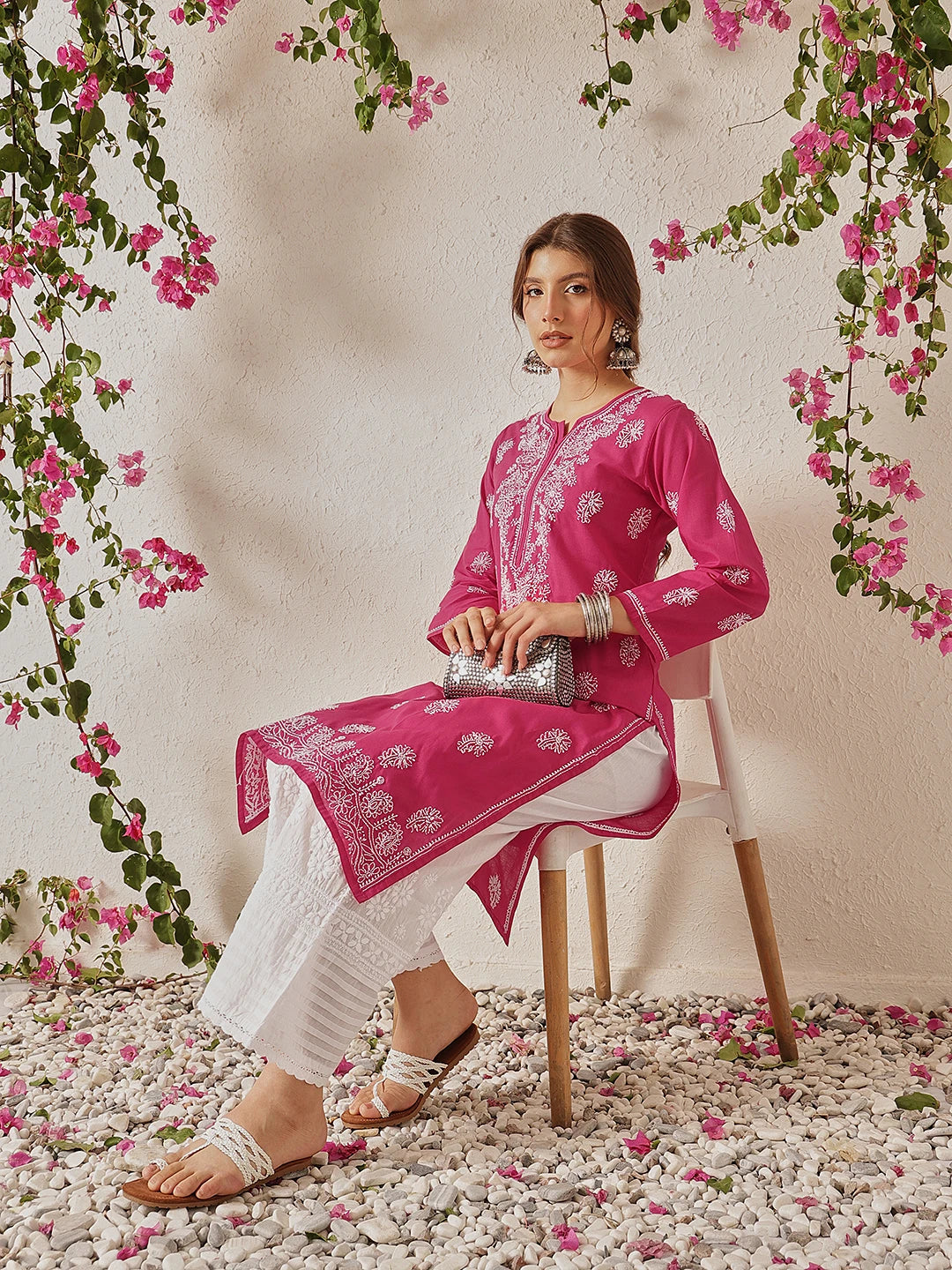 Ada Hand Embroidered Magenta Cotton Lucknowi Chikankari Straight Kurta A411775