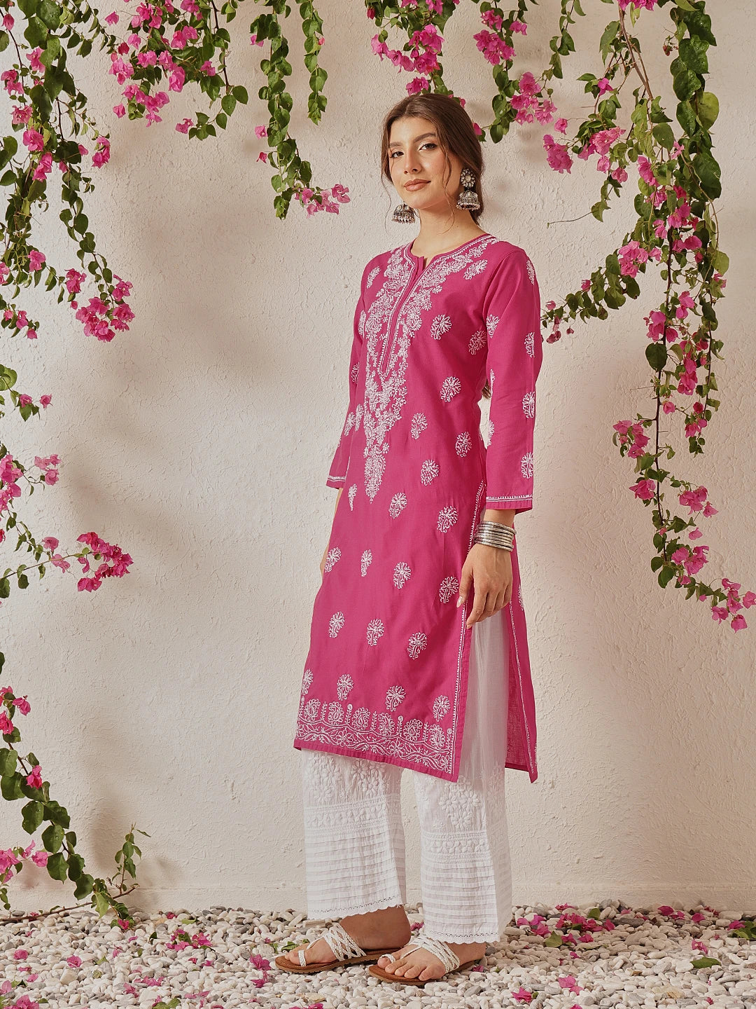 Ada Hand Embroidered Magenta Cotton Lucknowi Chikankari Straight Kurta A411775