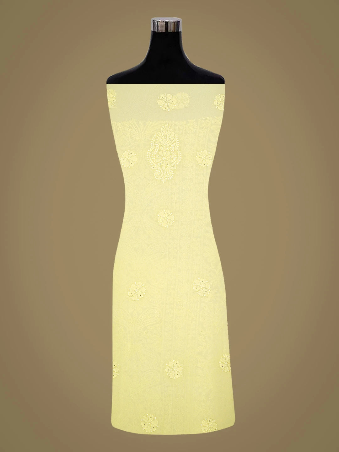 Ada Hand Embroidered Lemon Yellow Viscose Georgette Lucknowi Chikankari Unstitched Kurta Dupatta Set With Mukaish Work 01A802006