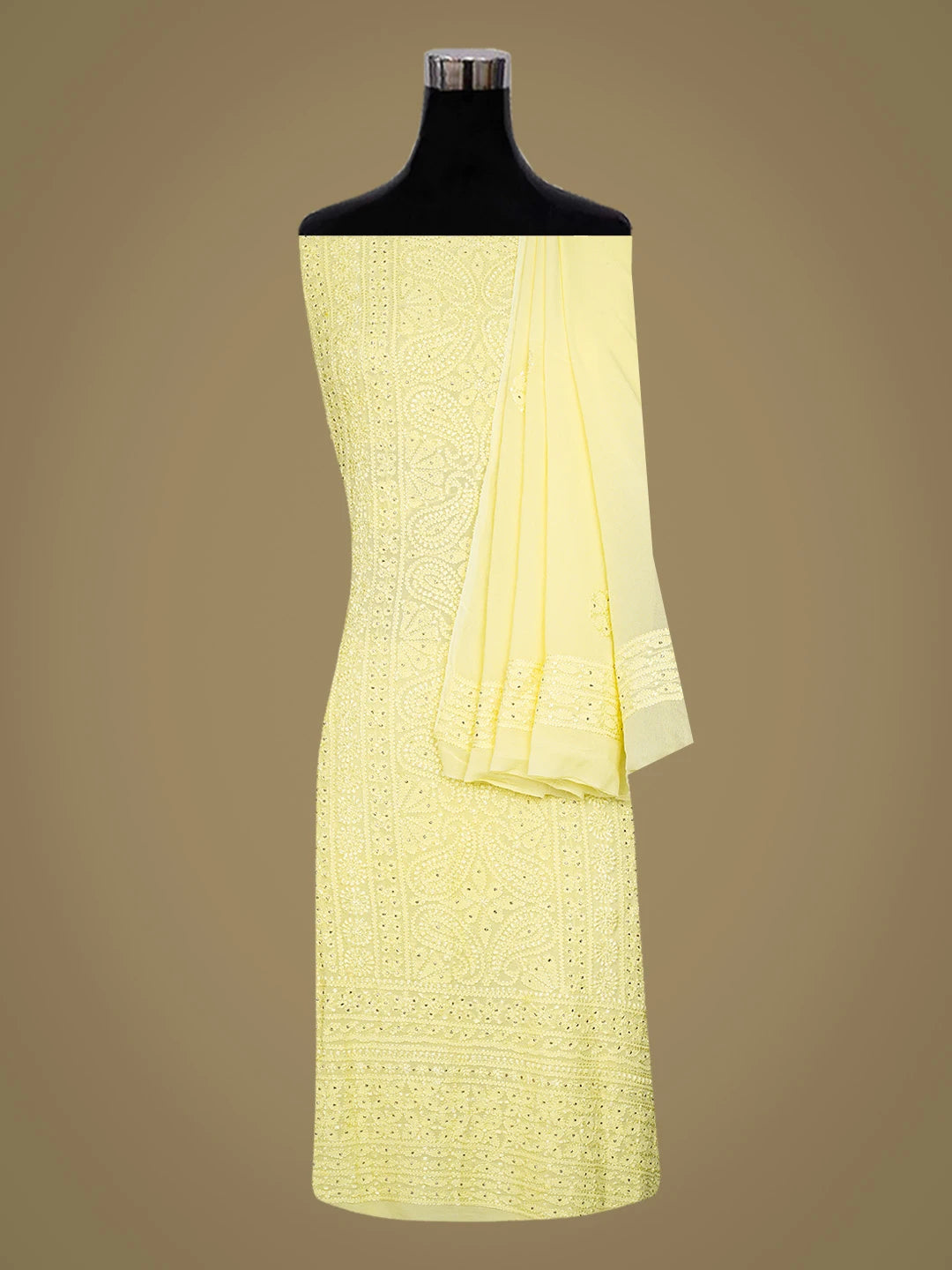 Ada Hand Embroidered Lemon Yellow Viscose Georgette Lucknowi Chikankari Unstitched Kurta Dupatta Set With Mukaish Work 01A802006