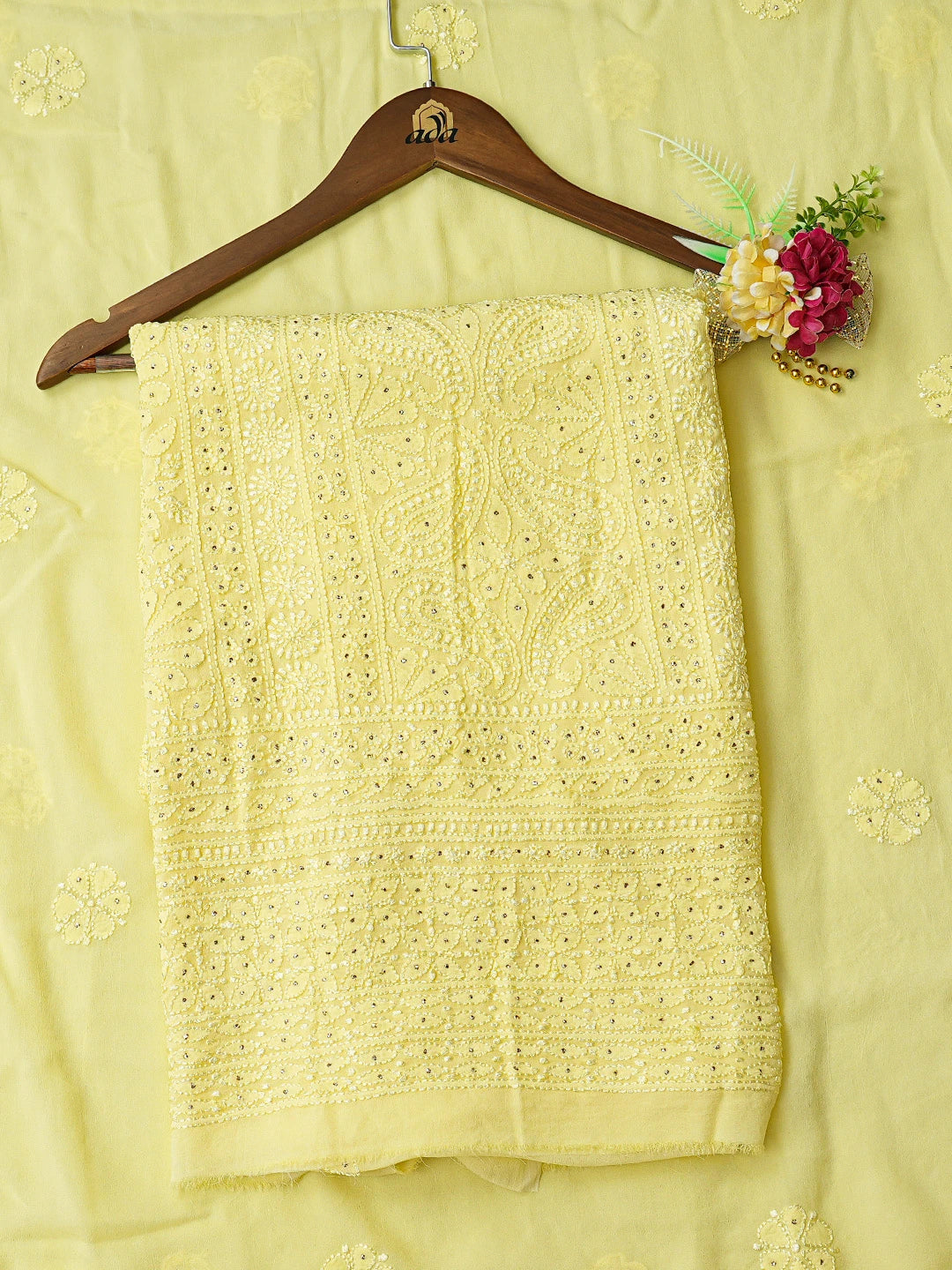 Ada Hand Embroidered Lemon Yellow Viscose Georgette Lucknowi Chikankari Unstitched Kurta Dupatta Set With Mukaish Work 01A802006
