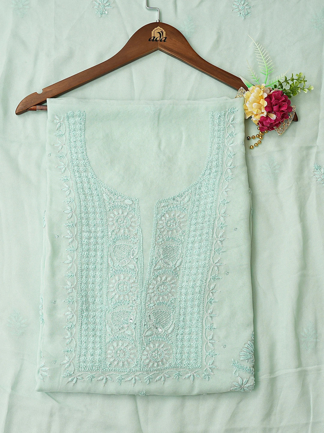 Ada Hand Embroidered Seafoam Green Viscose Georgette Lucknowi Chikankari Unstitched Kurta Dupatta Set With Cutdana Work 01A771721