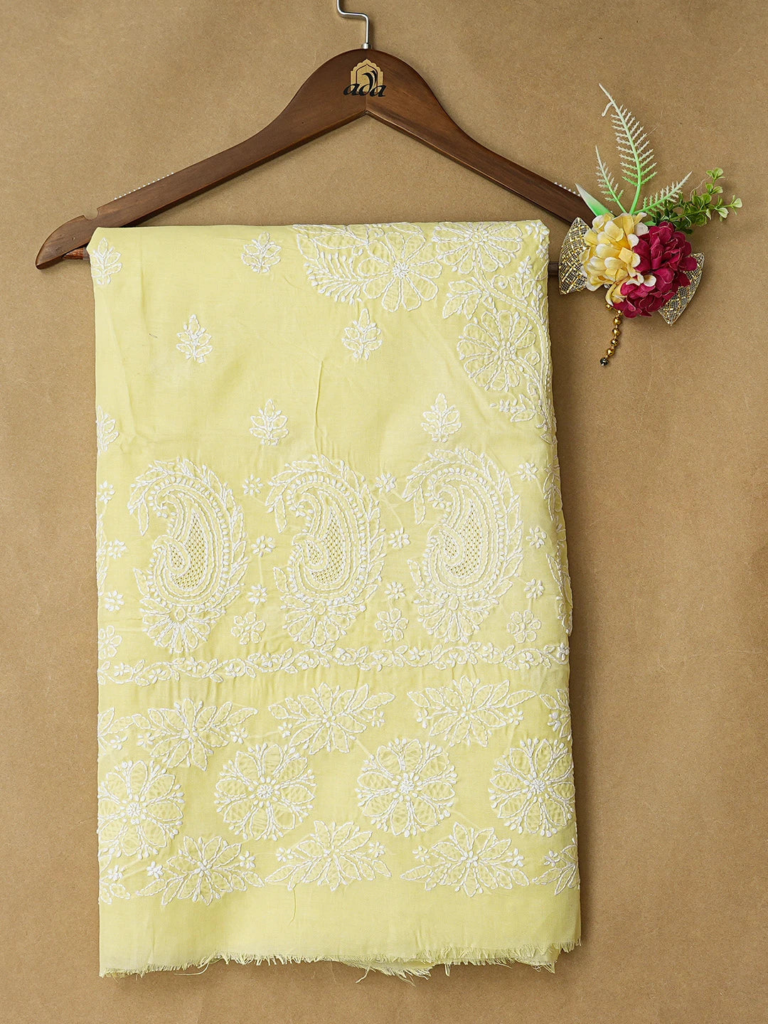 Ada Hand Embroidered Lemon Cotton Lucknowi Chikankari Unstitched Kurta Piece 01A712131