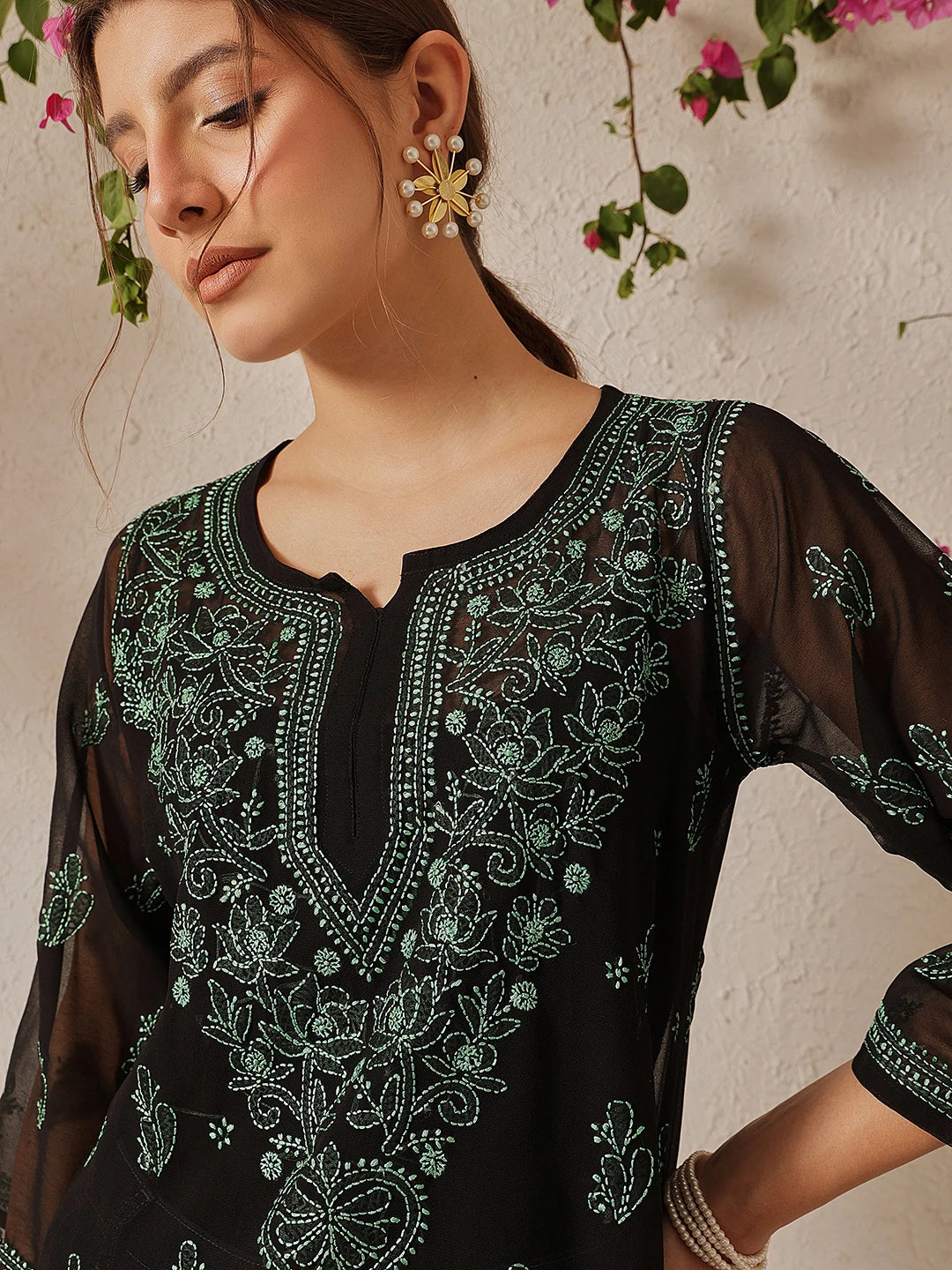 Ada Hand Embroidered Black Georgette Lucknow Chikan Kurti with slip A911133