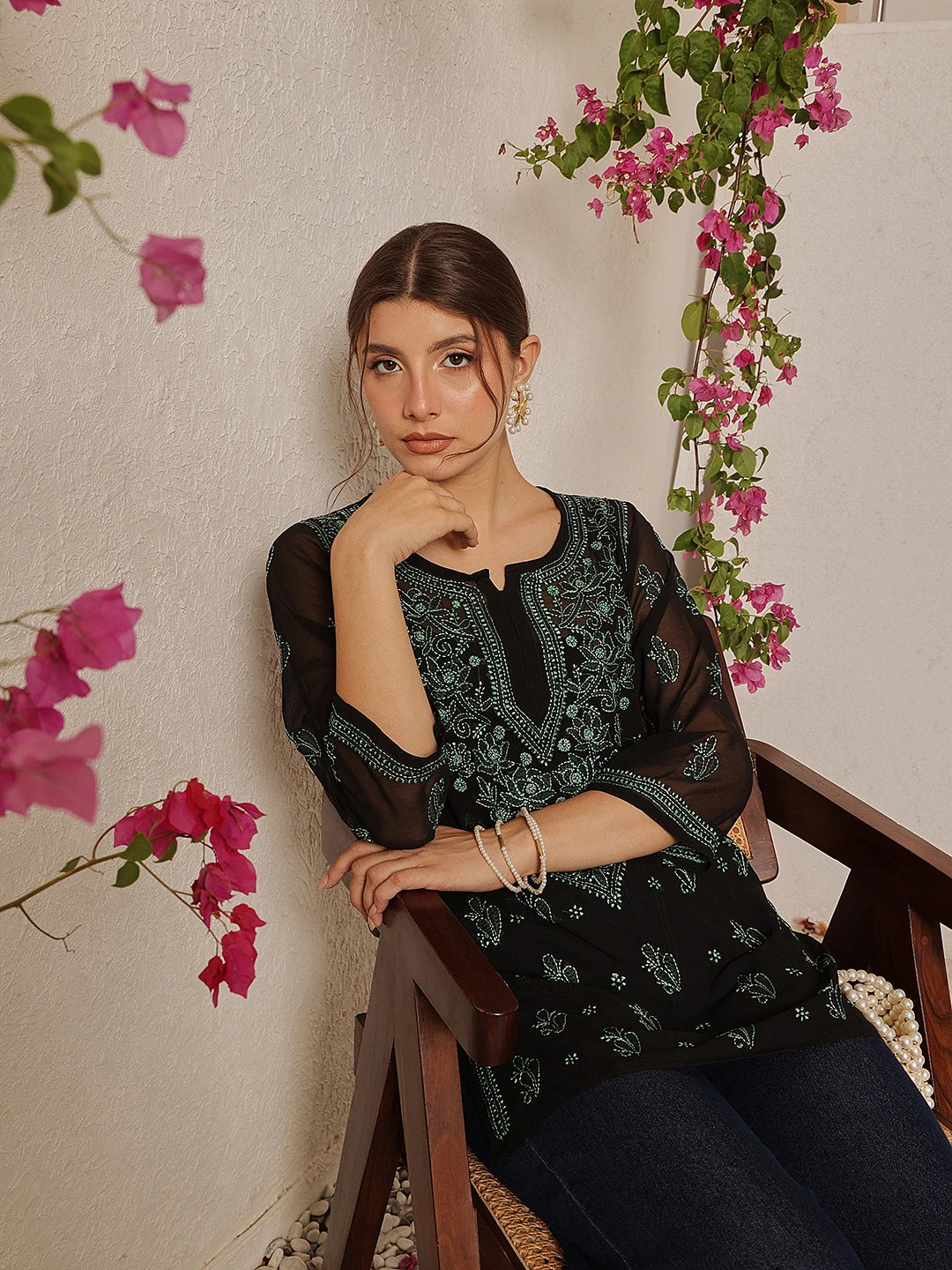 Ada Hand Embroidered Black Georgette Lucknow Chikan Kurti with slip A911133